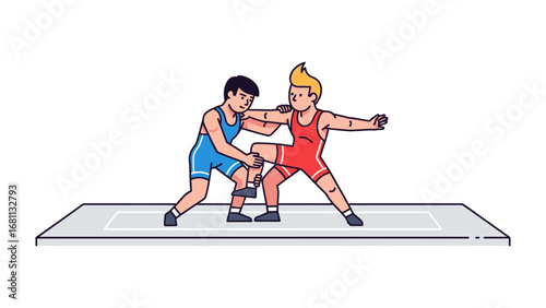 Wrestling Competition: Two male wrestlers engage in an intense, dynamic match on the mat, showcasing strength, skill, and the competitive spirit of the sport.