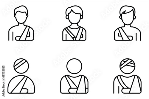 Injured man in bandage icon set. Simple outline style. Broken arm,Vector illustration isolated on white background. Editable stroke EPS 10.