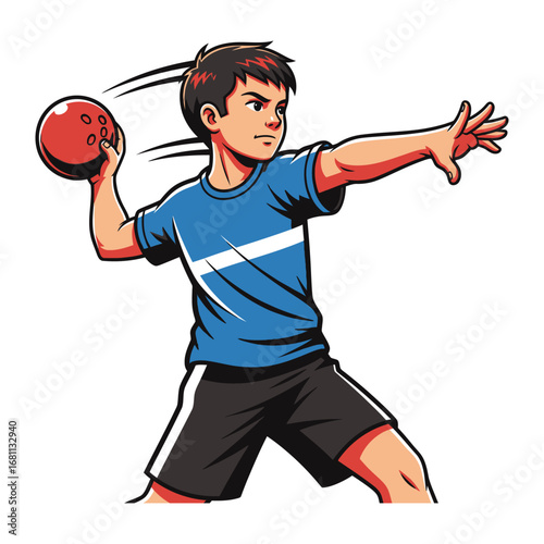 Focused throw: An illustration depicting a young man in action, executing a powerful throw with a red ball, embodying the essence of determination and athleticism.