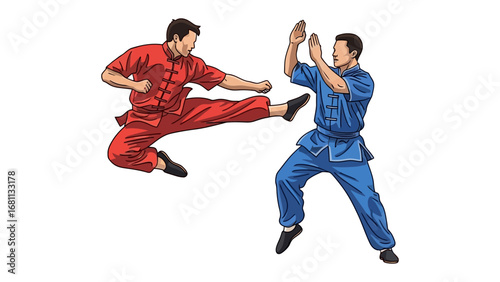 Martial Arts Duel: Dynamic action unfolds as two skilled martial artists engage in a high-energy duel. The image captures the intensity and precision of their movements.