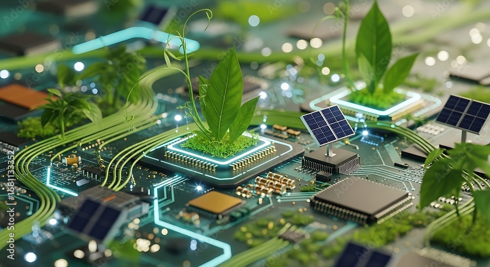 Obraz premium Energy-Efficient and Sustainable Computing Concept with Green IT, Eco Chips, and Renewable Technology 