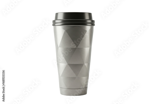 Fotografie Isolated travel mug with geometric design and black lid for hot beverage drinks