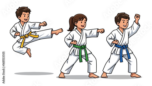 Karate Kids in Action: Three young martial artists in crisp white uniforms showcasing dynamic karate stances, epitomizing the focus, discipline, and energy of youth karate. 