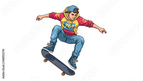 Skateboarder: A dynamic illustration of a skater performing a skateboarding trick with a backdrop. Capturing energy, skill and the spirit of skateboarding.