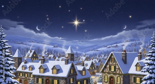 A magical winter wonderland village under a sparkling starry night sky, with snow-covered houses, festive lights, and a prominent bright star, evoking Christmas and holiday spirit.