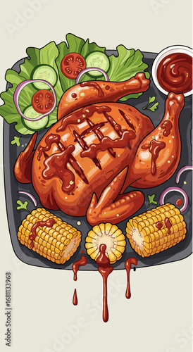 Barbecue Grilled Chicken with Corn and Salad Vector