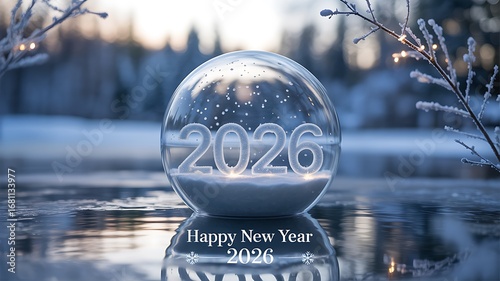 Capture the magic of the upcoming year with this enchanting snow globe featuring the year 2026 illuminated within a serene winter landscape, perfect for New Year celebrations.