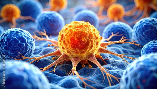 A colorful microscopic view showing cancer cells with distinct shapes and structures among other cells, highlighting biological interactions at a cellular level.