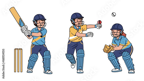 Cricket Action Illustration: A vibrant illustration showcases a dynamic cricket scene, with three distinct players in action, set against a clean backdrop.