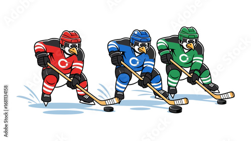 Penguin Hockey Players: Cartoon penguins, each adorned in distinct team colors, engage in a spirited ice hockey game, ready to take their shot.