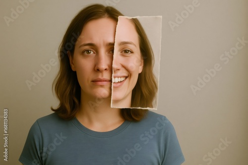 Woman showing two sides of herself, sad and happy, depicting bipolar disorder