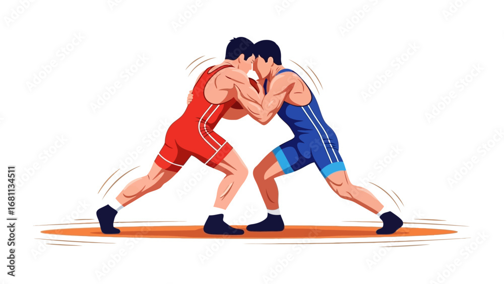 Obraz premium Wrestling Match: Two determined athletes, clad in vibrant singlets, lock in a dynamic wrestling match, their bodies poised in the heat of competition and display power and skill.