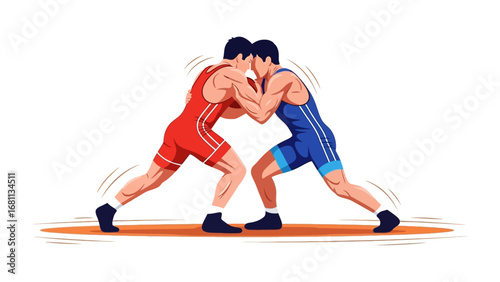 Wrestling Match: Two determined athletes, clad in vibrant singlets, lock in a dynamic wrestling match, their bodies poised in the heat of competition and display power and skill.