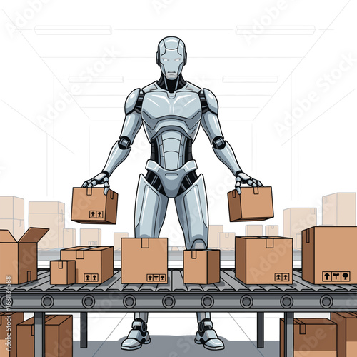 Isolated a Humanoid anthropomorphic robot with artificial intelligence or AI works on an conveyor belt sorting boxes on warehouse or logistics center. Vector art with white background.