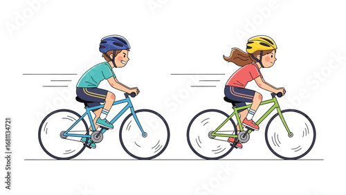 Pedaling Adventure: Two young cyclists, sporting safety helmets, ride their bikes with youthful energy and excitement, capturing the thrill of outdoor exploration and active lifestyle.