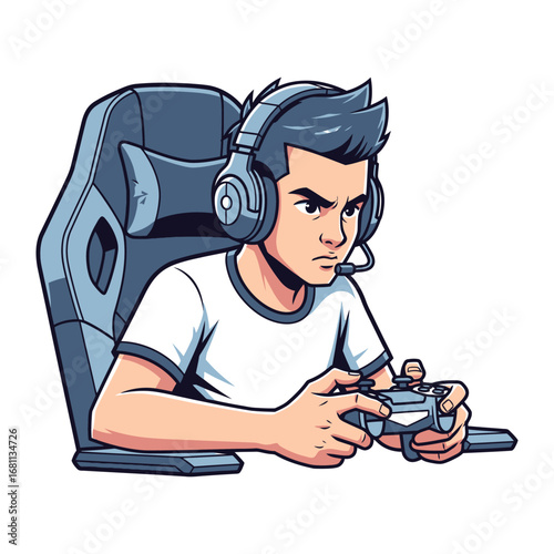 Focused Gamer: A determined gamer engrossed in his virtual world, his intense gaze fixed on the screen as he wields his controller with practiced precision, ready to compete.
