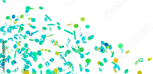 Bright teal, green, and yellow confetti falling on white. Perfect for festive backgrounds, invitations, and celebrations.