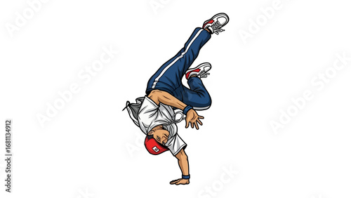 Energetic Breakdancer in Action: A dynamic breakdancer executes a gravity-defying handstand, showcasing their skill and athleticism in a vibrant display of street art culture.