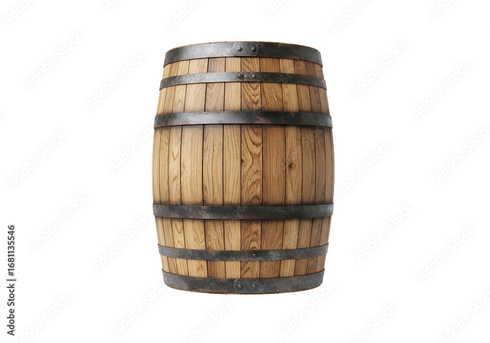 Obraz premium A classic wooden barrel, with its weathered, rich-toned wood and dark iron bands, stands out against a pure black background.