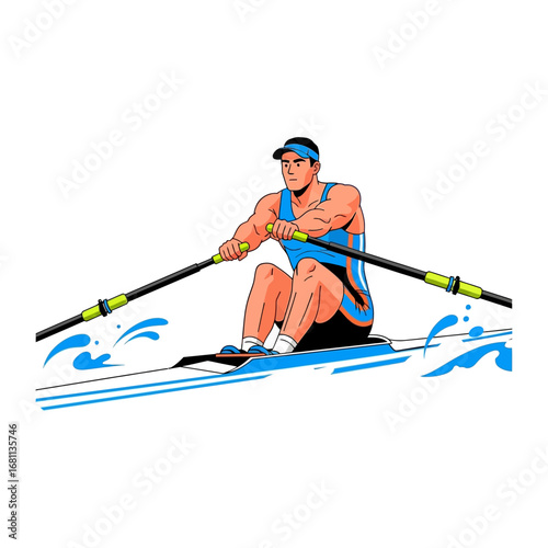 Rowing Athlete: This illustration depicts a male rower, meticulously navigating the water in his single scull, showcasing the dynamic sport of rowing with strength and precision.
