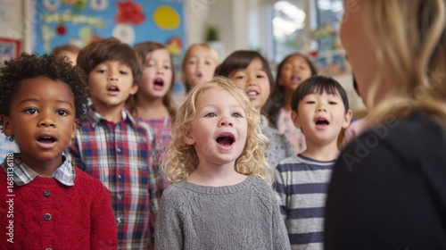 Diverse Group of Elementary School Children Singing with Enthusiasm Led by Teacher in Classroom