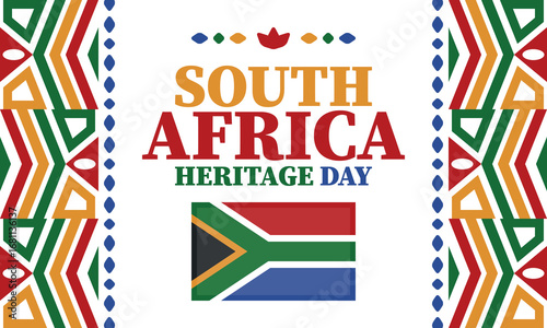 South Africa Heritage Day. Happy holiday. Celebrate culture and traditions of nation. South African flag. Poster with illustration. Pattern design. Vector