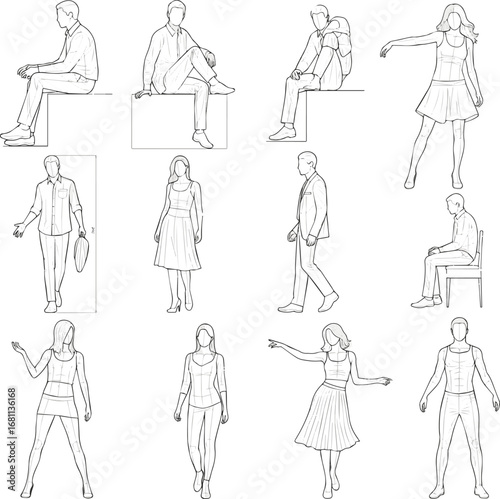 Isolated a kinds of deferent CAD Drawings. Set people outlines, Sitting, walking, dancing, etc. view Vector art with white background..