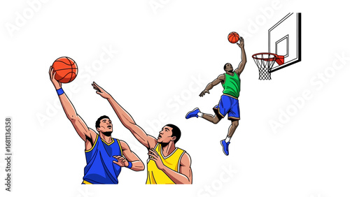 High-Flying Dunk: A vibrant depiction captures the athleticism of basketball players in mid-air, poised to execute a dynamic dunk. Witness the thrill of the game, and the energy and grace
