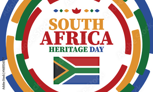 South Africa Heritage Day. Happy holiday. Celebrate culture and traditions of nation. South African flag. Poster with illustration. Pattern design. Vector