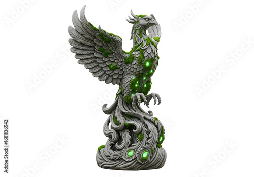 A detailed, ornate stone phoenix sculpture, adorned with luminous green moss, stands out against a stark black background.