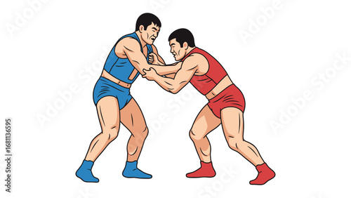Wrestling Match: A dynamic illustration depicts two focused wrestlers locked in a powerful grip, engaged in a competitive wrestling match, showcasing strength and determination.