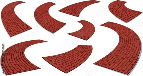 Isolated a kinds of deferent Curved red brick Road on Vector art with white background..