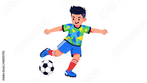 Young Athlete Kicking Football: Dynamic illustration of a young boy in vibrant sportswear, passionately kicking a classic black and white football, showcasing his passion for sport.