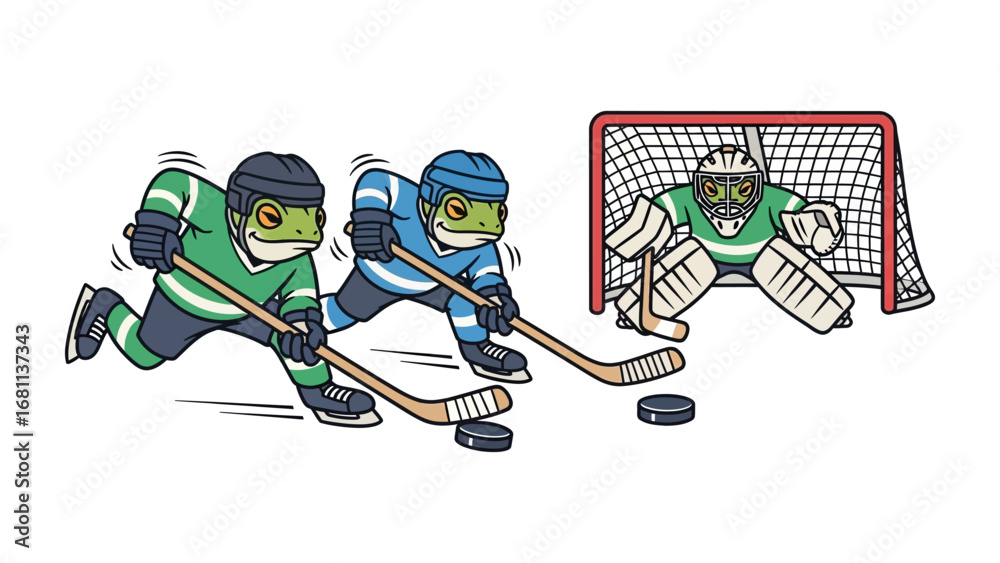 Obraz premium Hockey Frogs' Face-Off: Illustrated cartoon depicts a dynamic hockey scene where three energetic frog players compete passionately for the puck on the ice.