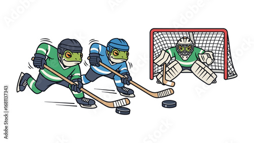 Hockey Frogs' Face-Off: Illustrated cartoon depicts a dynamic hockey scene where three energetic frog players compete passionately for the puck on the ice.