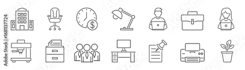 office workspace line vector icon set