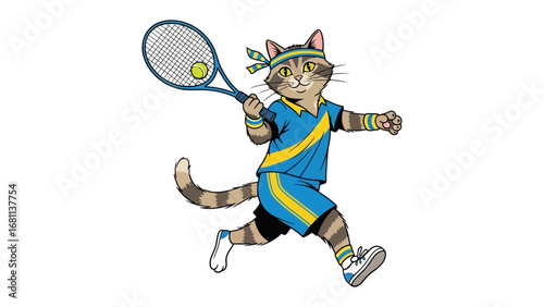 Tennis Cat Champion: A sporty cartoon cat, donned in tennis attire, ready to ace the serve with determined focus and athletic prowess.
