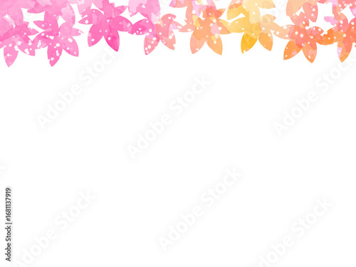 秋の紅葉のイメージの背景素材。水彩風テクスチャー。紅葉の葉っぱのシルエット。かわいい色調。ふんわりした光の輝き。広いコピースペース。