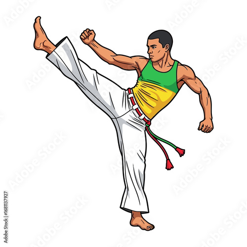 Capoeira Kick: A Capoeira practitioner gracefully executes a high kick, showcasing the blend of martial arts, music, and acrobatics.