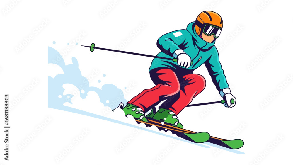 Obraz premium Dynamic Descent: An illustrated individual carves down a snowy slope with skillful precision, evoking the exhilaration of winter sports.