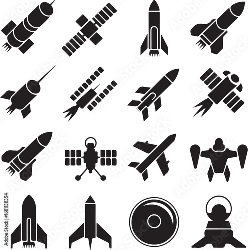 Collection of Space Exploration and Rocketry Icons in Silhouette spaceship satellite