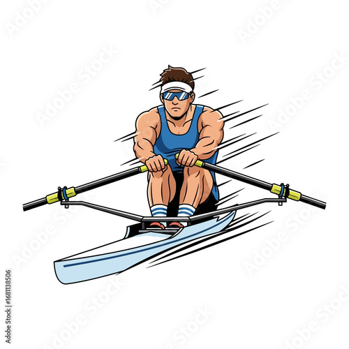 Rowing illustration: Captivating the powerful motion of rowing, this artwork presents a determined individual skillfully maneuvering a sleek rowboat with precision. 