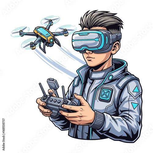 Digital Horizons: A young individual harnesses cutting-edge technology to pilot a drone using a VR headset, merging reality and virtuality.