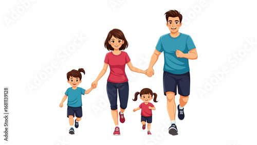 Family Jogging Together: A happy family of four, runs together, their hands clasped in a heartwarming display of unity, embodying the spirit of togetherness and active living in vibrant illustration.