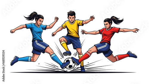 Soccer Players in Action: dynamic action scene of a soccer match with players competing for the ball, their expressions a blend of focus, determination, and agility. Evokes the spirit of competition.
