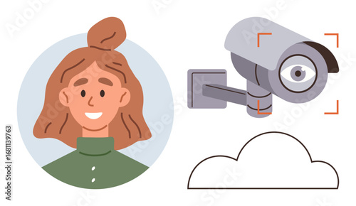 Smiling woman, surveillance camera in focus with a cloud icon, symbolizing privacy, monitoring, and data storage. Ideal for cybersecurity, technology, privacy, cloud computing surveillance