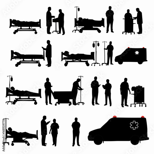 Hospital filled silhouette set with beds medical staff crosses and ambulance