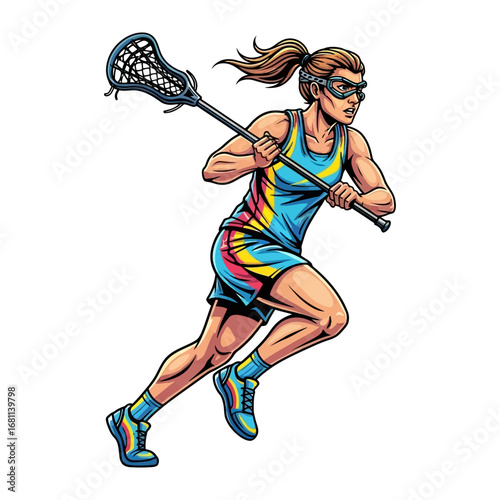 Lacrosse Athlete in Action: A dynamic illustration showcasing a lacrosse player in full stride, stick poised for action, radiating energy and athletic prowess.