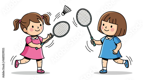 Friendly Badminton Match: Two young girls enthusiastically engage in a lively badminton game, showcasing the joy and energy of playful competition.