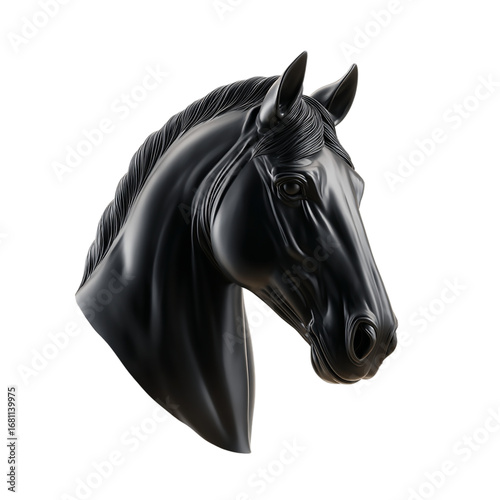 Close up of a black horse head sculpture on a  isolated on transparent background